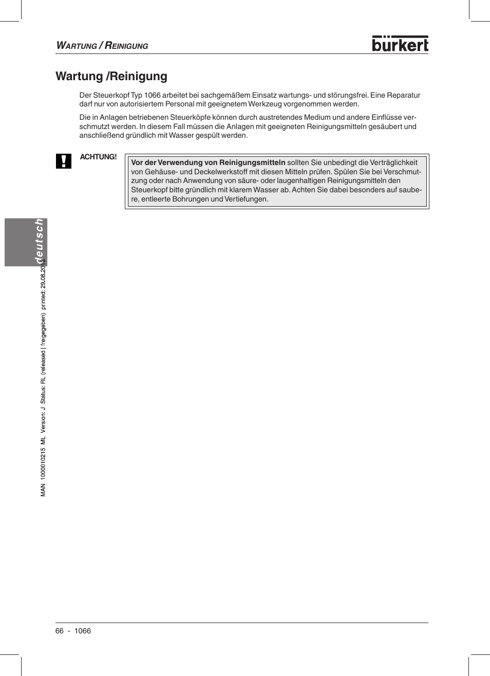 Wartung /reinigung, Deutsch | Burkert Type 1066 User Manual | Page 68 / 112