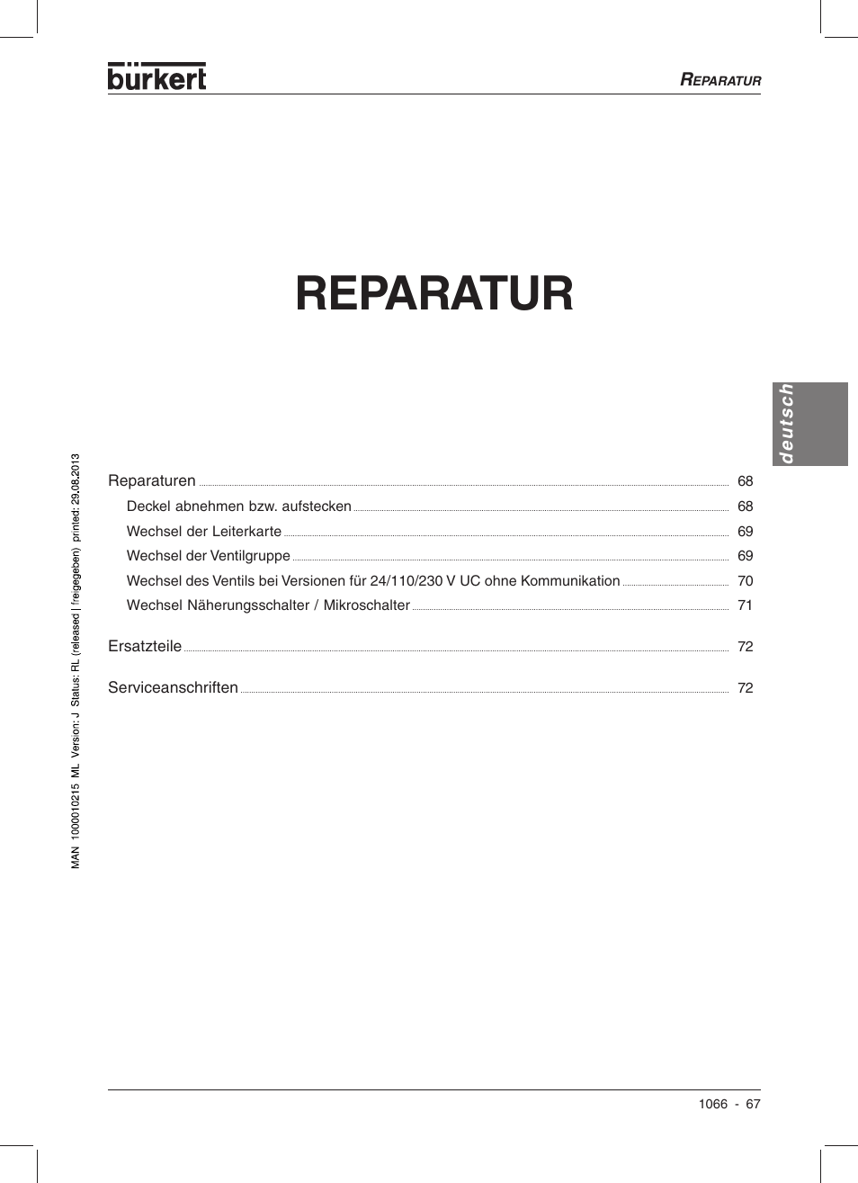 Reparatur, Deutsch | Burkert Type 1066 User Manual | Page 69 / 112