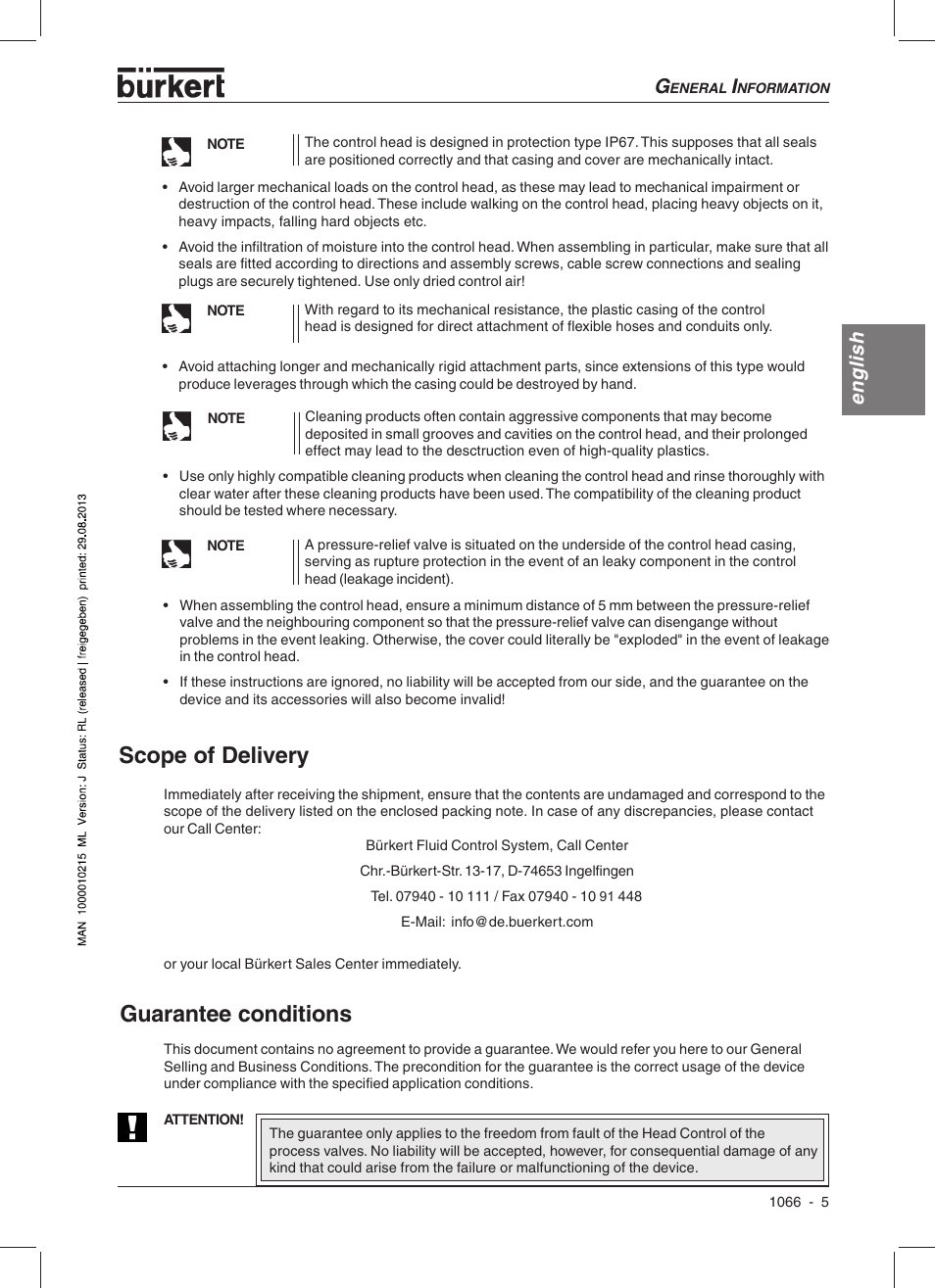 Guarantee conditions scope of delivery, English | Burkert Type 1066 User Manual | Page 7 / 112