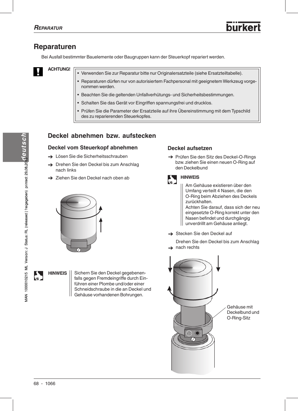 Reparaturen, Deutsch, Deckel abnehmen bzw. aufstecken | Burkert Type 1066 User Manual | Page 70 / 112