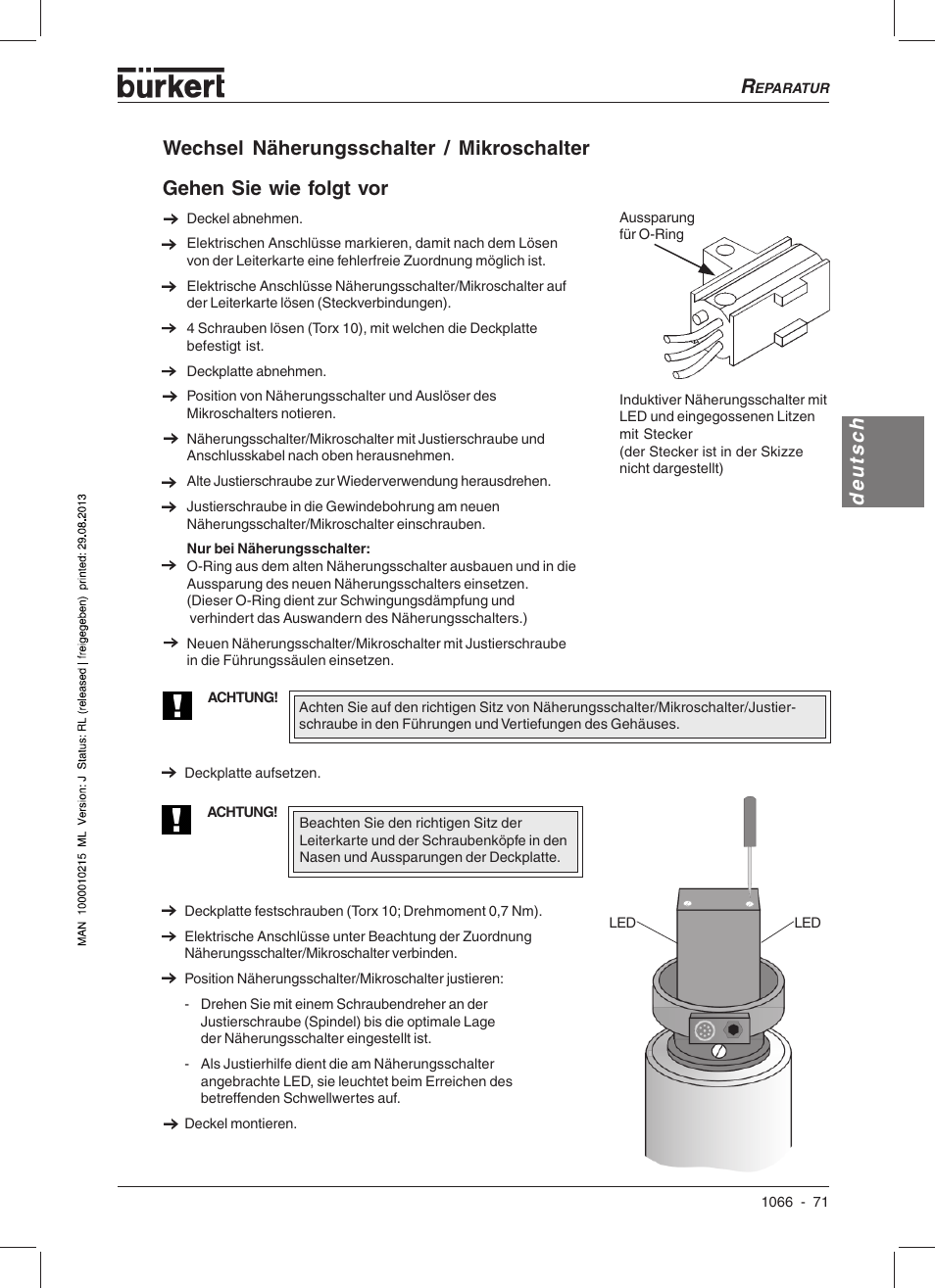 Deutsch gehen sie wie folgt vor, Wechsel näherungsschalter / mikroschalter | Burkert Type 1066 User Manual | Page 73 / 112