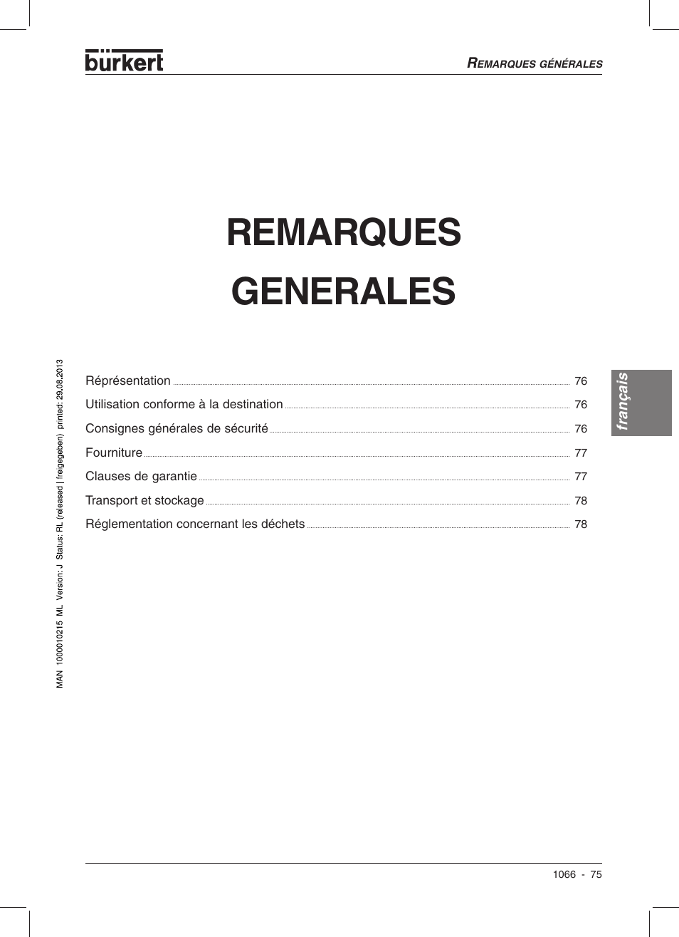 Remarques generales | Burkert Type 1066 User Manual | Page 77 / 112