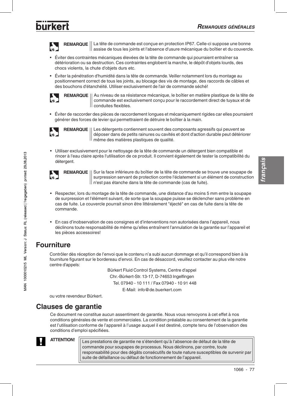 Clauses de garantie fourniture, Français | Burkert Type 1066 User Manual | Page 79 / 112