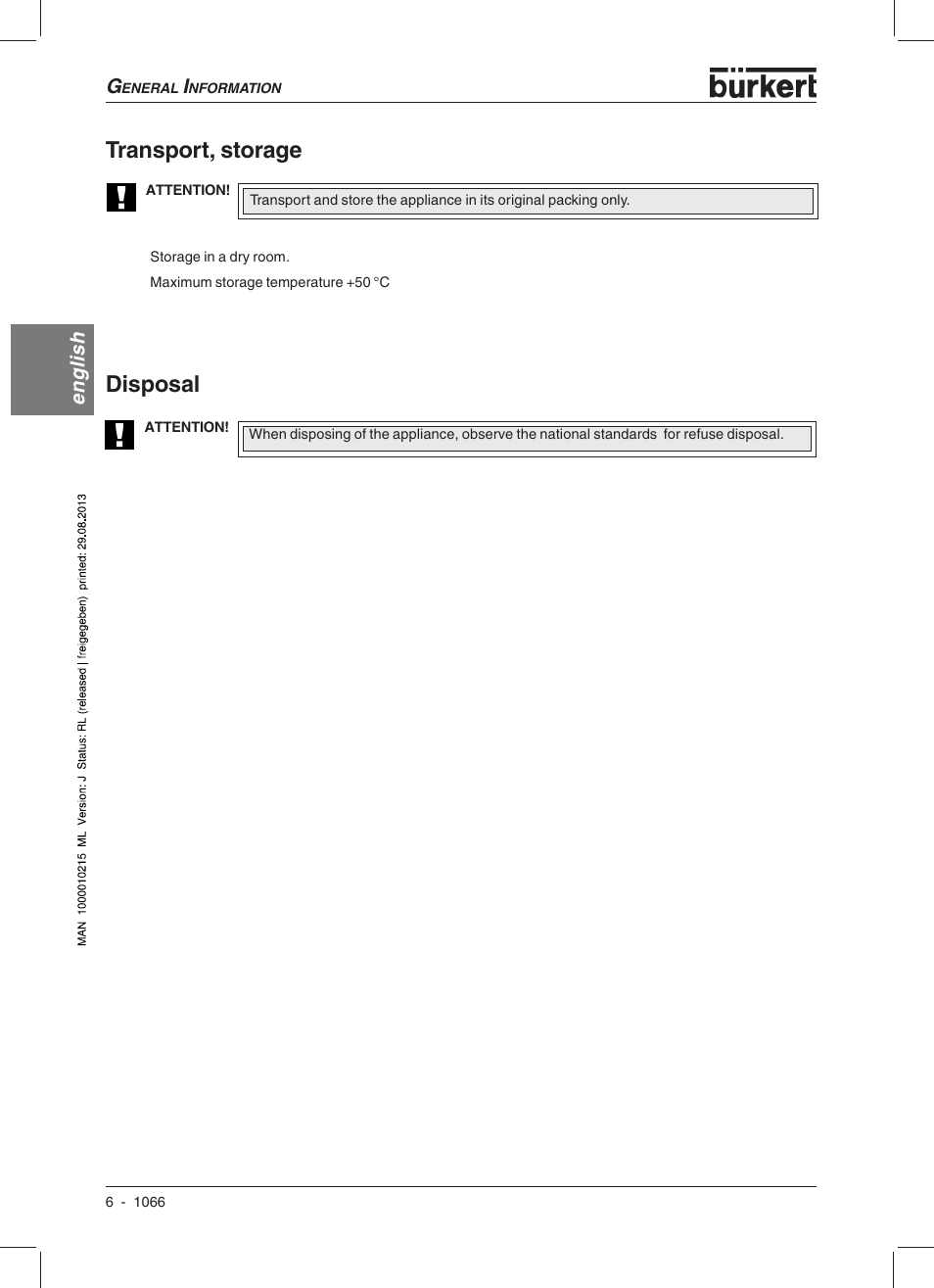 Transport, storage disposal | Burkert Type 1066 User Manual | Page 8 / 112