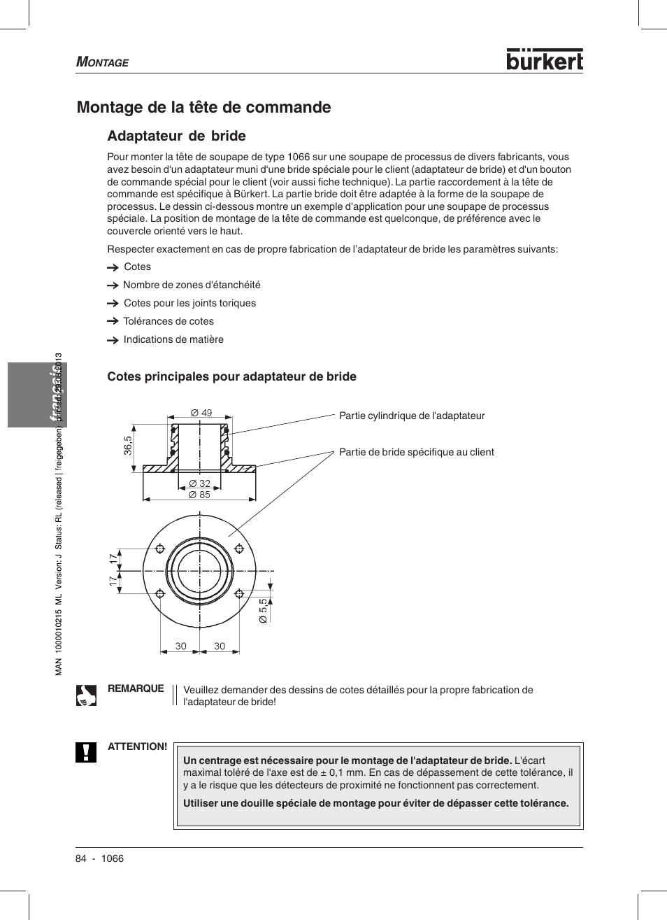 Montage de la tête de commande, Français, Adaptateur de bride | Burkert Type 1066 User Manual | Page 86 / 112