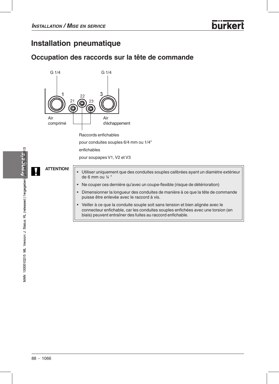 Installation pneumatique, Occupation des raccords sur la tête de commande, Français | Burkert Type 1066 User Manual | Page 90 / 112