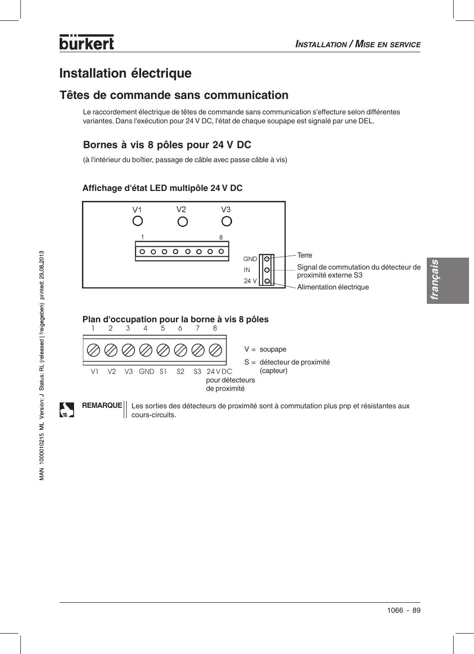 Installation électrique, Têtes de commande sans communication, Français | Bornes à vis 8 pôles pour 24 v dc | Burkert Type 1066 User Manual | Page 91 / 112