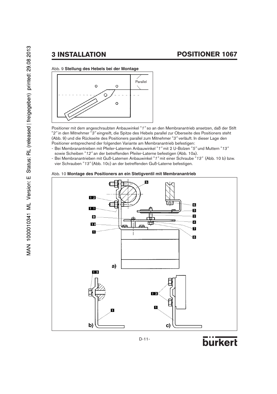 Positioner 1067, 3 installation | Burkert Type 1067 User Manual | Page 11 / 158