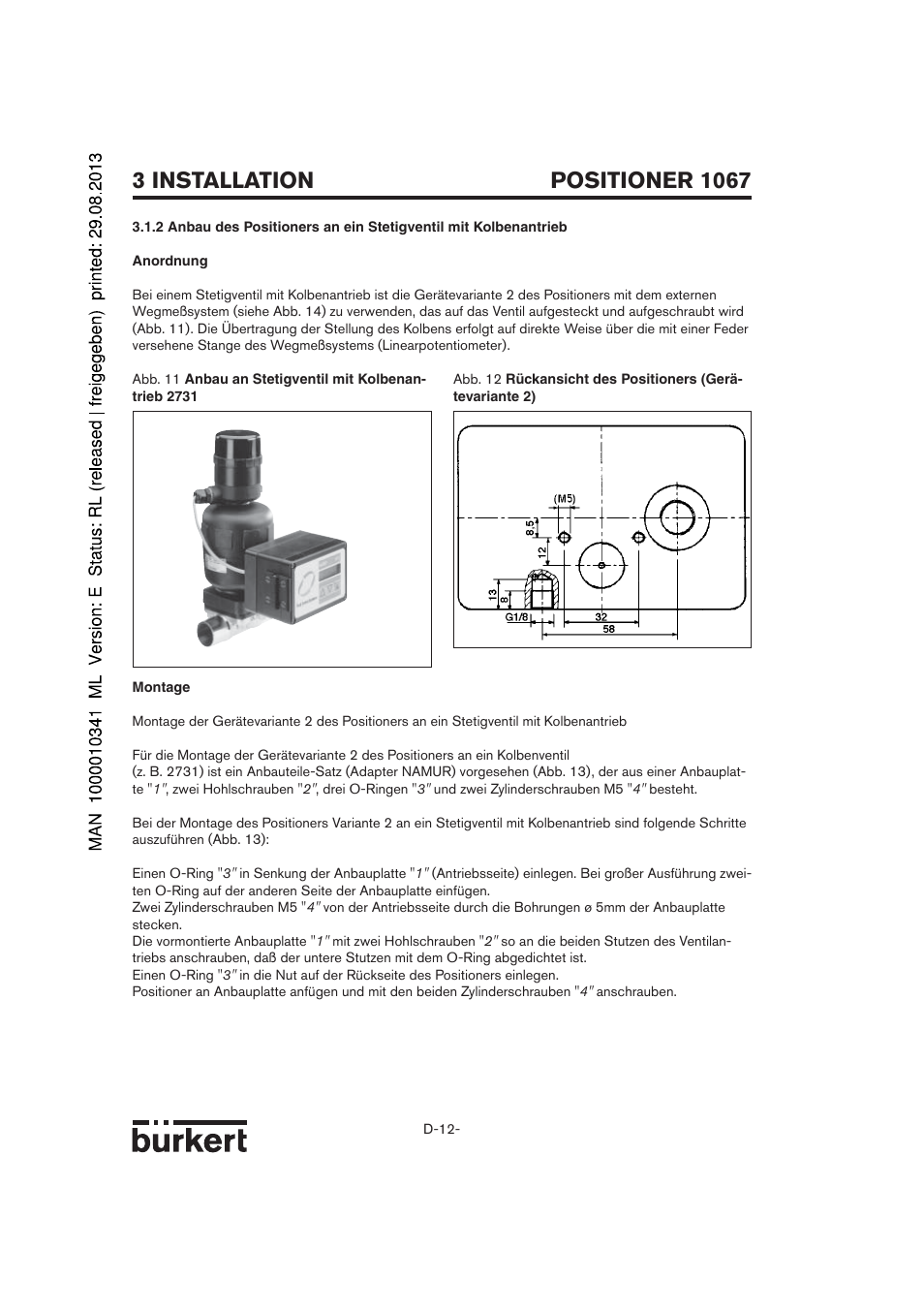 Positioner 1067, 3 installation | Burkert Type 1067 User Manual | Page 12 / 158
