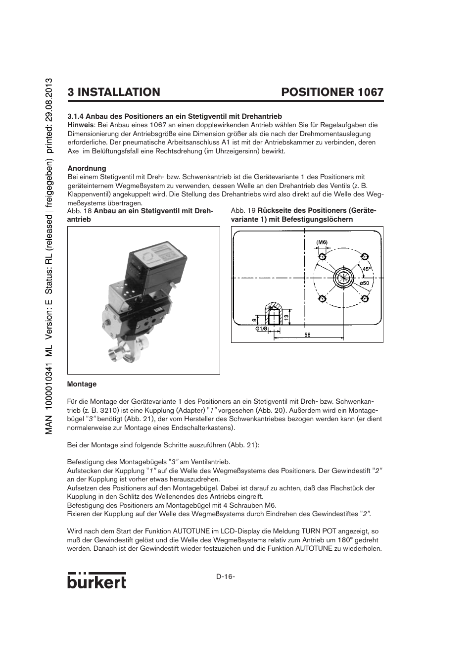 Positioner 1067, 3 installation | Burkert Type 1067 User Manual | Page 16 / 158