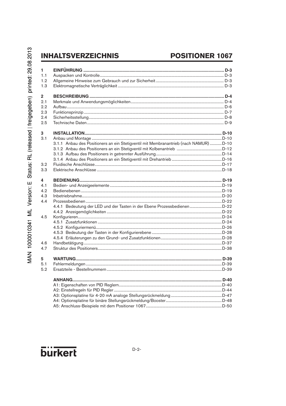 Positioner 1067 inhaltsverzeichnis | Burkert Type 1067 User Manual | Page 2 / 158