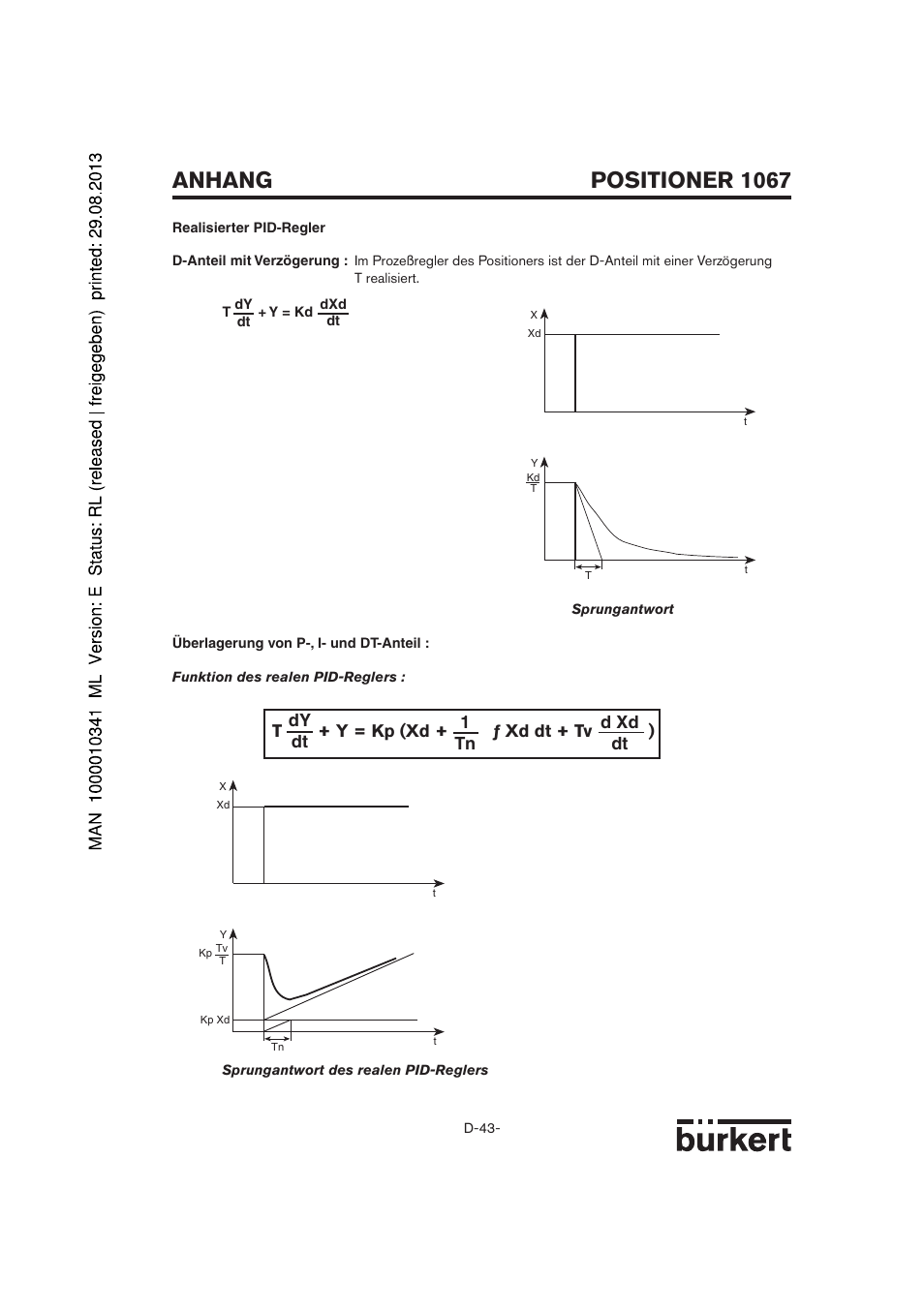 Positioner 1067 anhang, T + y = kp (xd + ƒ xd dt + tv ) dy dt 1 tn d xd dt | Burkert Type 1067 User Manual | Page 43 / 158