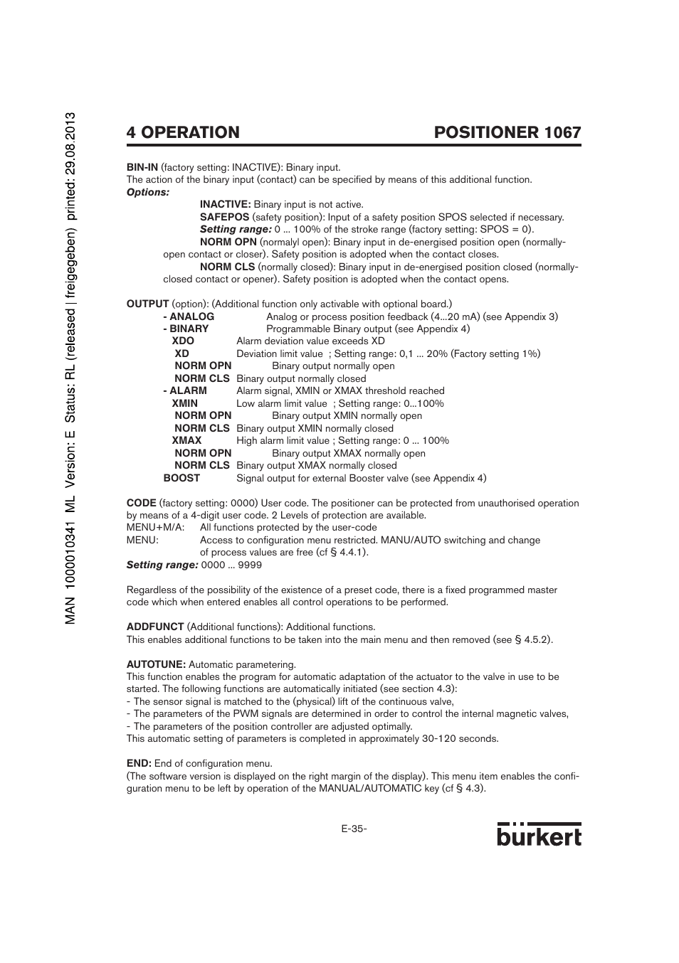 Positioner 1067, 4 operation | Burkert Type 1067 User Manual | Page 87 / 158