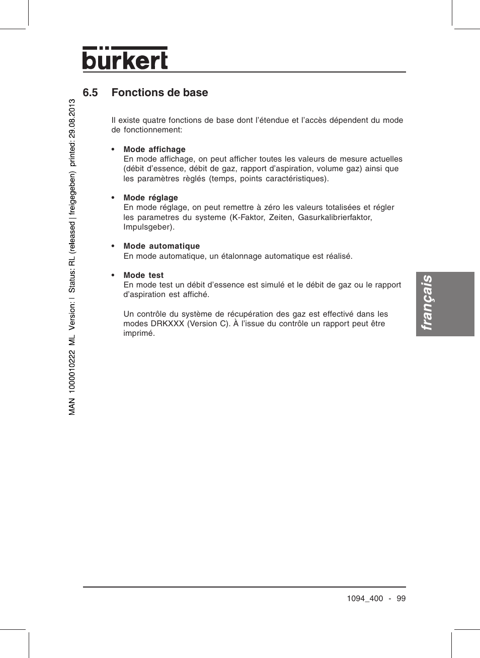 Français, 5 fonctions de base | Burkert Type 1094 User Manual | Page 101 / 126