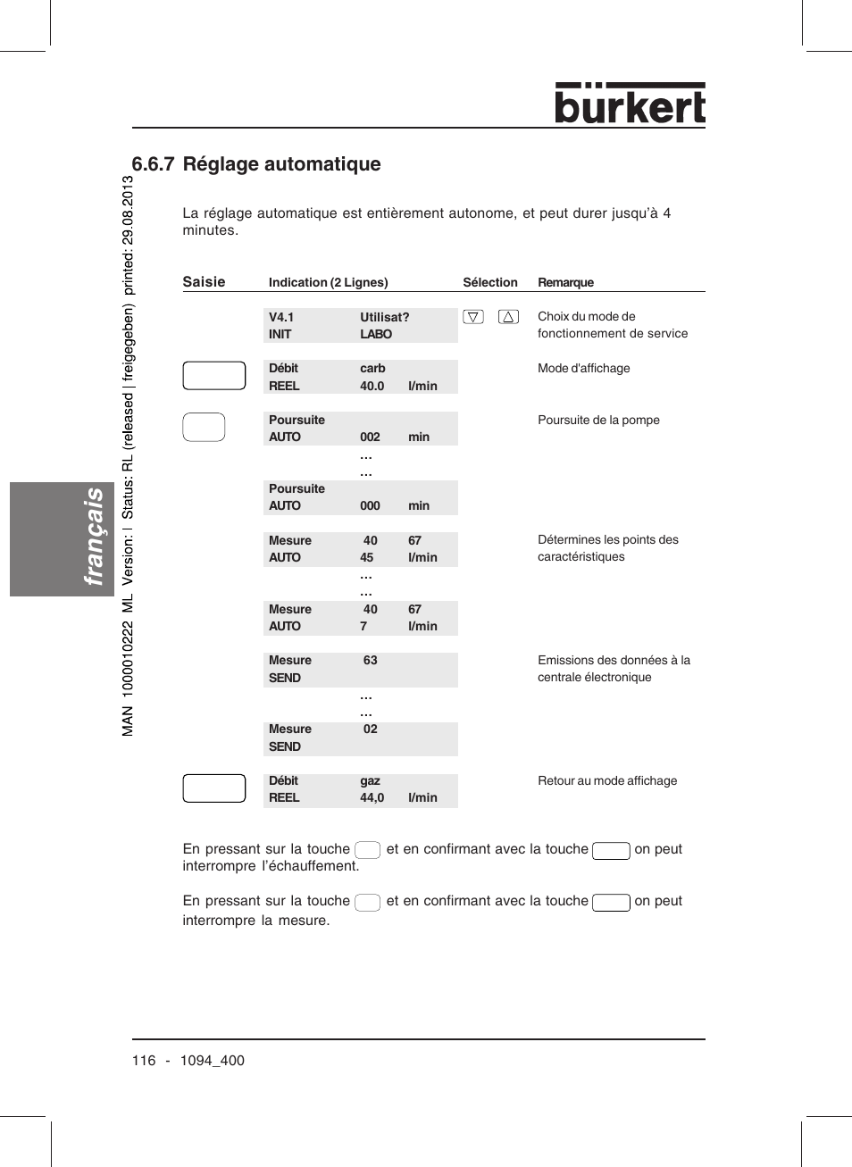 Français, 7 réglage automatique | Burkert Type 1094 User Manual | Page 118 / 126