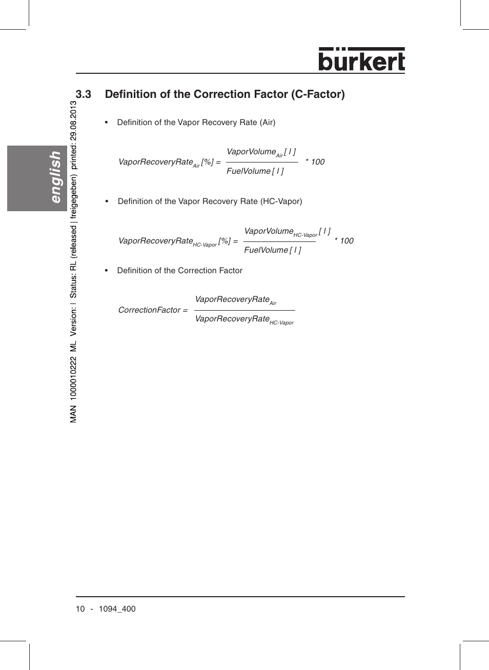 English, 3 definition of the correction factor (c-factor) | Burkert Type 1094 User Manual | Page 12 / 126