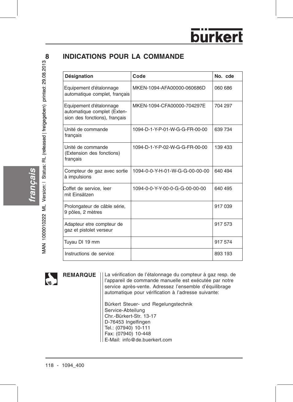 Français, 8indications pour la commande | Burkert Type 1094 User Manual | Page 120 / 126