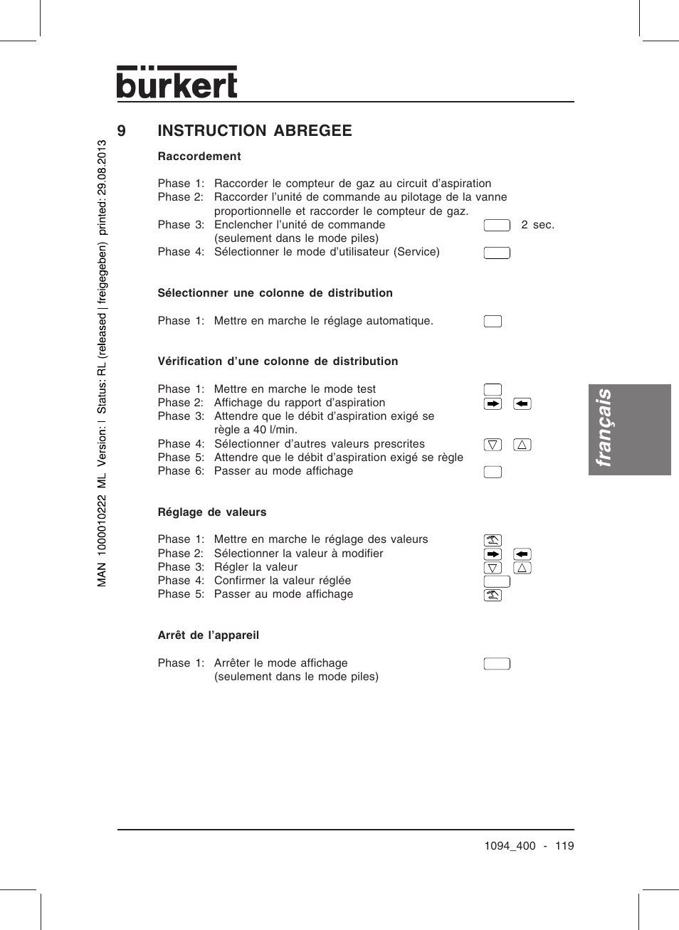 Français, 9instruction abregee | Burkert Type 1094 User Manual | Page 121 / 126