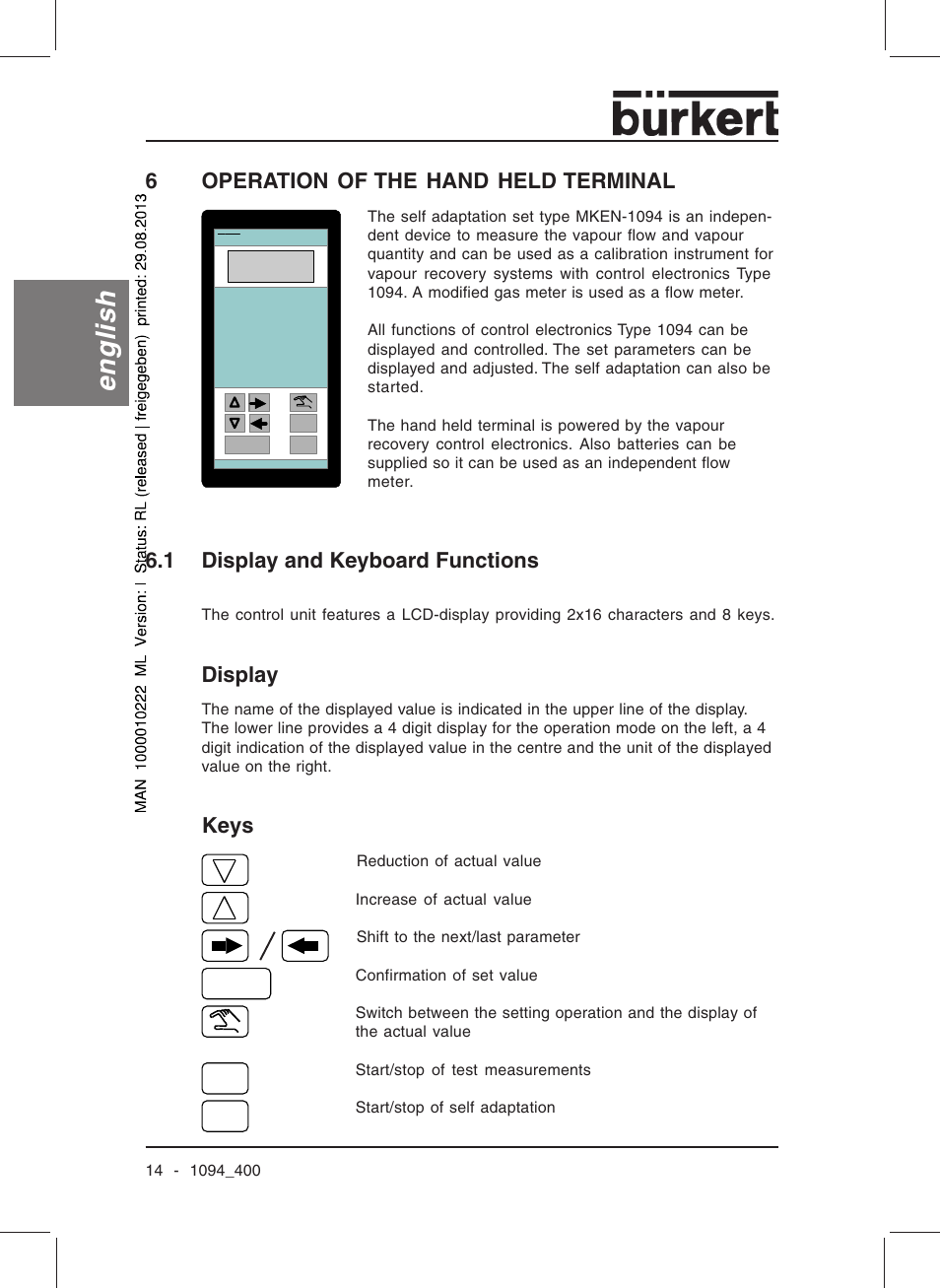 English, 6operation of the hand held terminal, 1 display and keyboard functions | Keys, Display | Burkert Type 1094 User Manual | Page 16 / 126