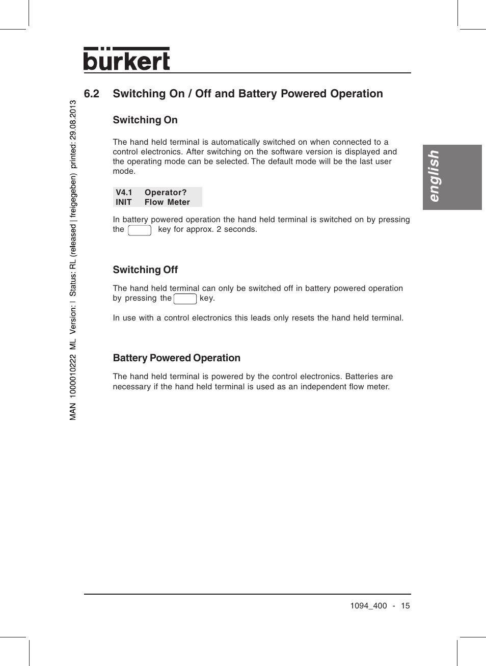 English, 2 switching on / off and battery powered operation | Burkert Type 1094 User Manual | Page 17 / 126