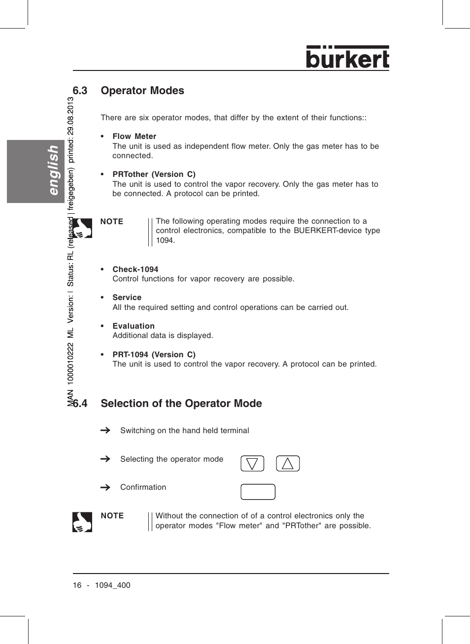 English, 3 operator modes, 4 selection of the operator mode | Burkert Type 1094 User Manual | Page 18 / 126