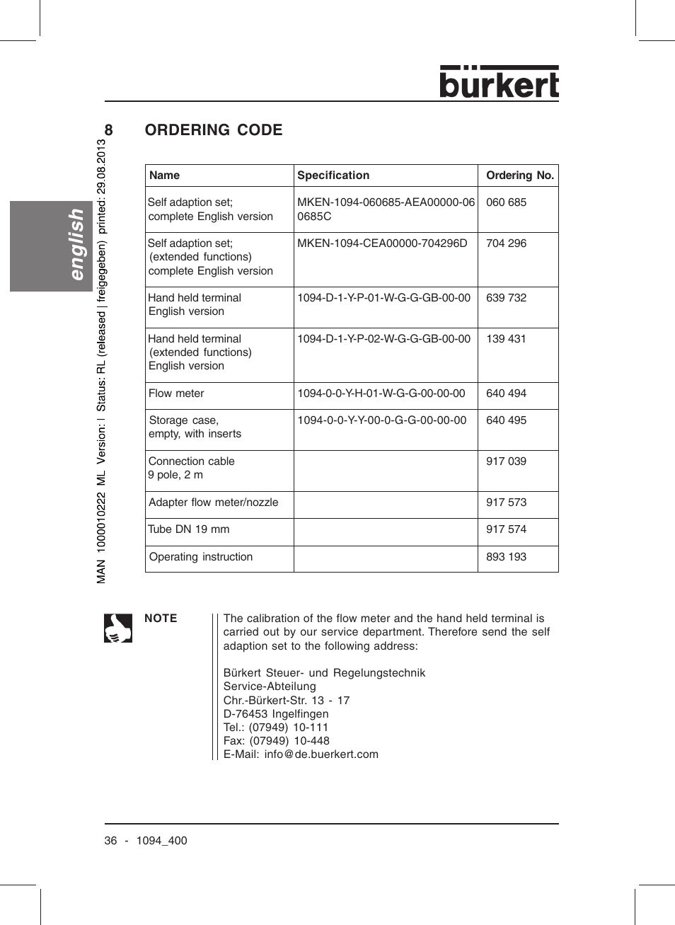 English, 8ordering code | Burkert Type 1094 User Manual | Page 38 / 126