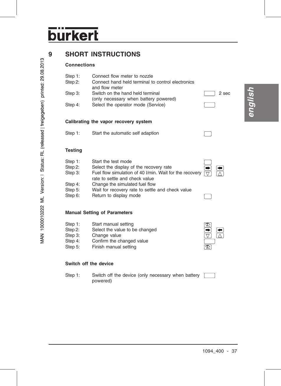 English, 9short instructions | Burkert Type 1094 User Manual | Page 39 / 126