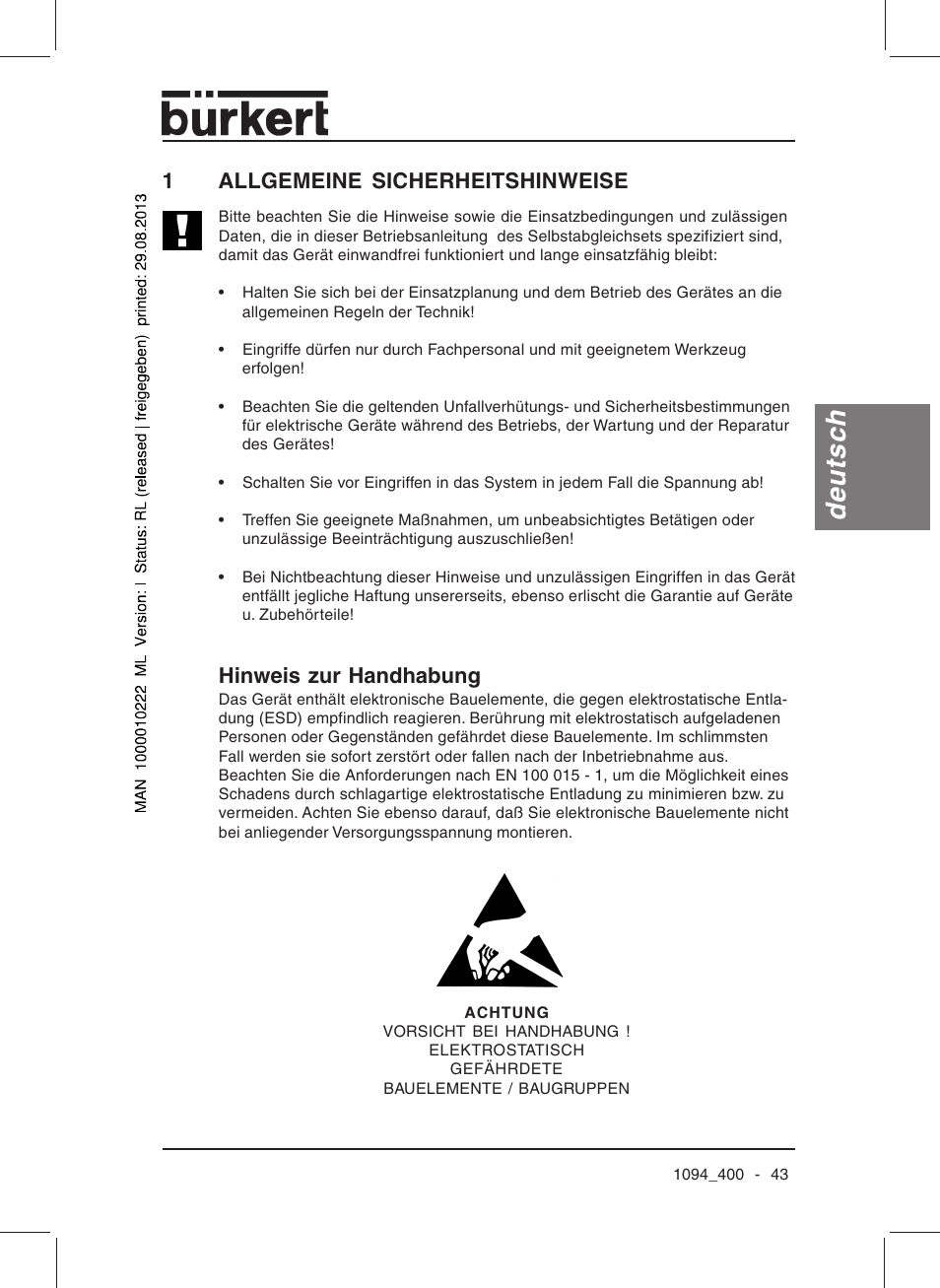 Deutsch, 1allgemeine sicherheitshinweise, Hinweis zur handhabung | Burkert Type 1094 User Manual | Page 45 / 126