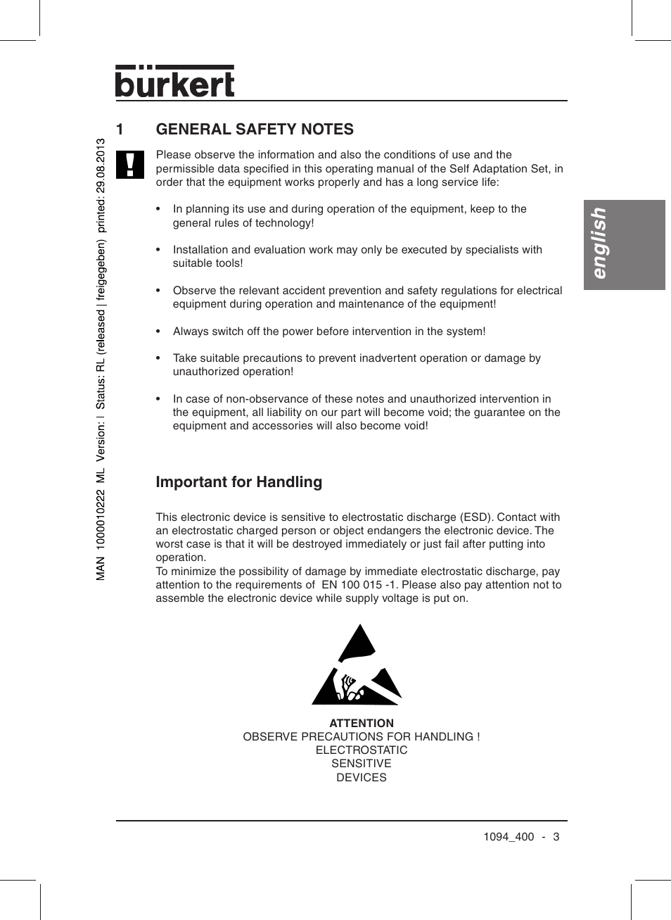 English, Important for handling | Burkert Type 1094 User Manual | Page 5 / 126