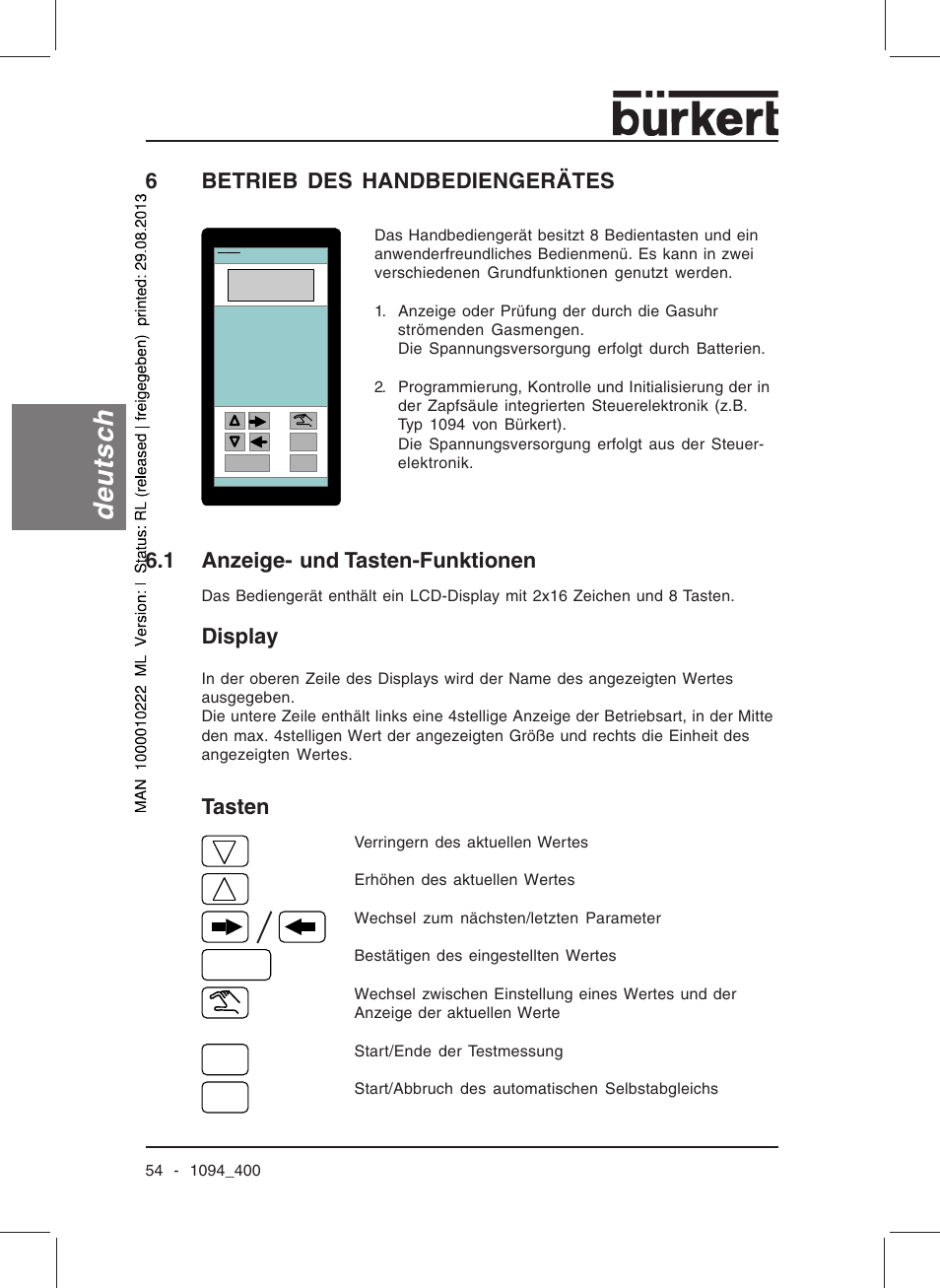 Deutsch, 6betrieb des handbediengerätes, 1 anzeige- und tasten-funktionen | Display, Tasten | Burkert Type 1094 User Manual | Page 56 / 126