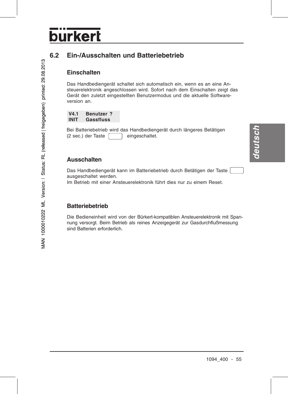 Deutsch, 2 ein-/ausschalten und batteriebetrieb | Burkert Type 1094 User Manual | Page 57 / 126