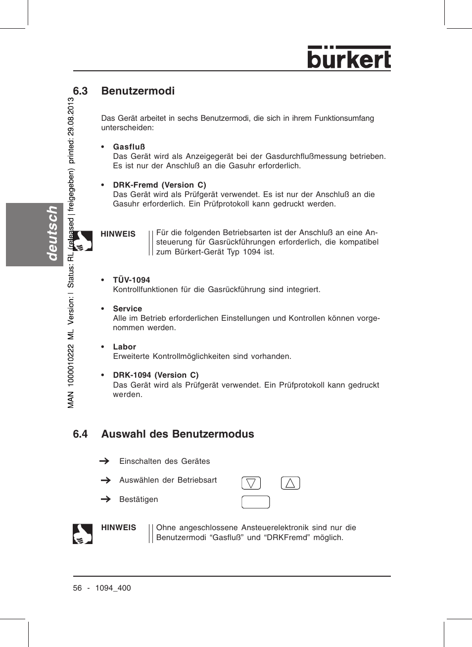 Deutsch, 3 benutzermodi, 4 auswahl des benutzermodus | Burkert Type 1094 User Manual | Page 58 / 126