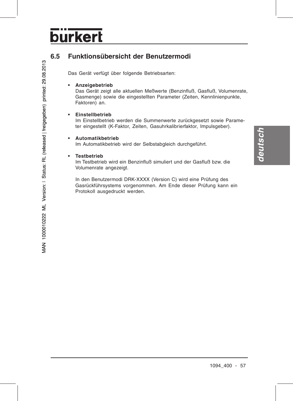 Deutsch, 5 funktionsübersicht der benutzermodi | Burkert Type 1094 User Manual | Page 59 / 126