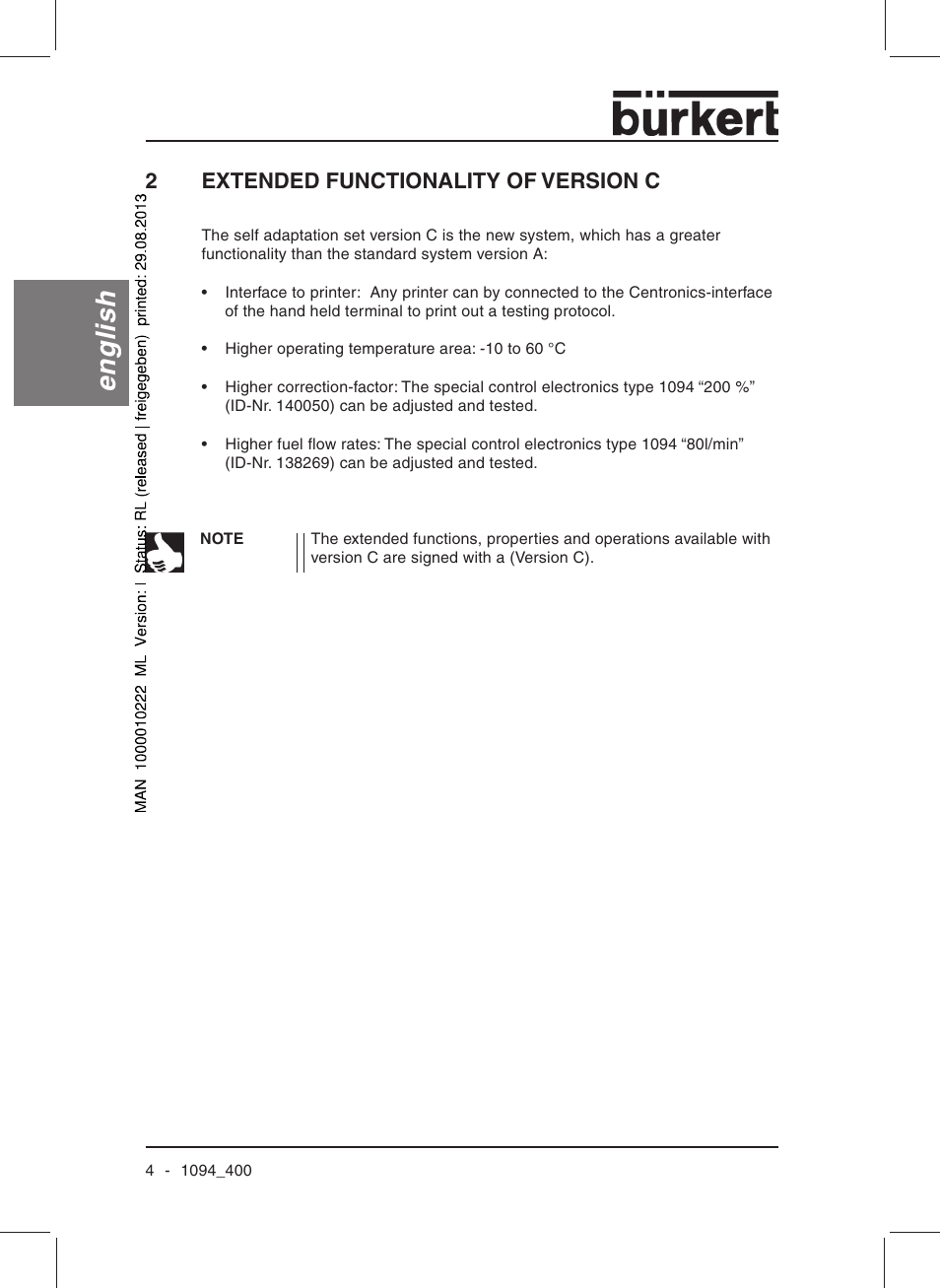 English, 2extended functionality of version c | Burkert Type 1094 User Manual | Page 6 / 126