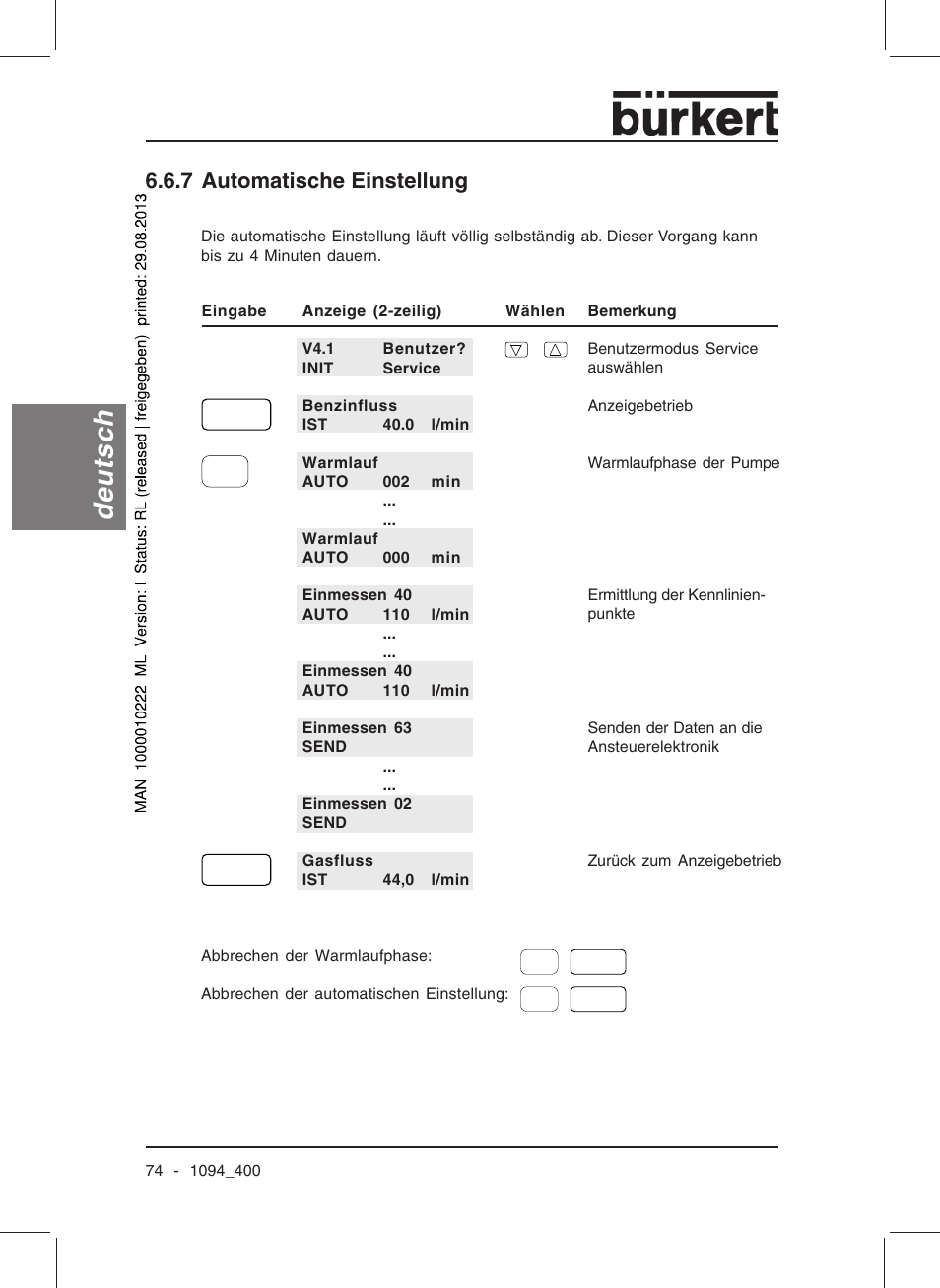 Deutsch, 7 automatische einstellung | Burkert Type 1094 User Manual | Page 76 / 126