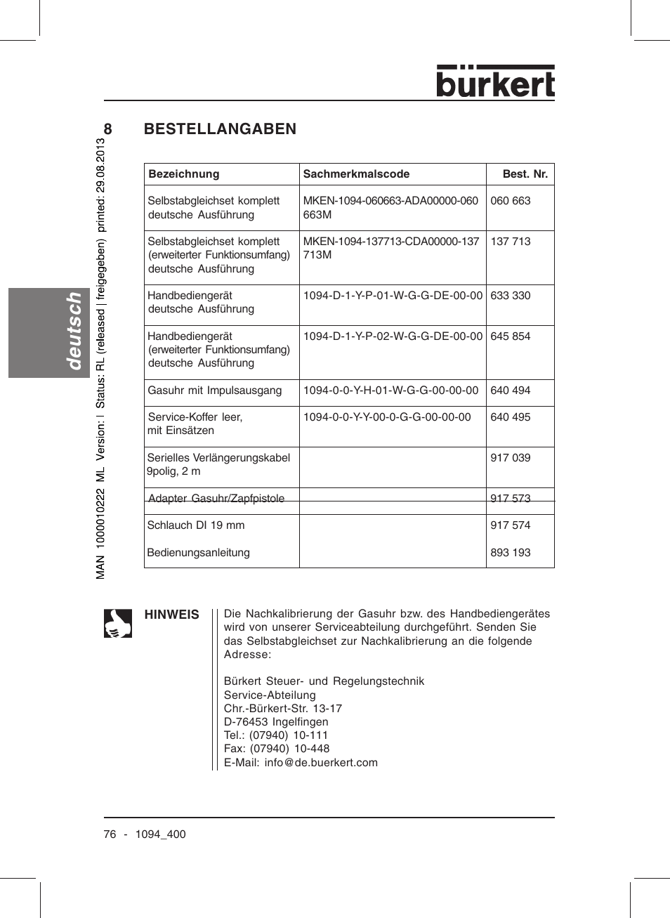 Deutsch, 8bestellangaben | Burkert Type 1094 User Manual | Page 78 / 126