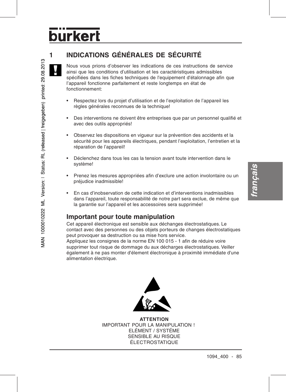 Français, 1indications générales de sécurité, Important pour toute manipulation | Burkert Type 1094 User Manual | Page 87 / 126