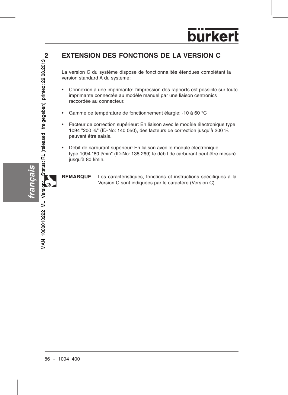 Français, 2extension des fonctions de la version c | Burkert Type 1094 User Manual | Page 88 / 126