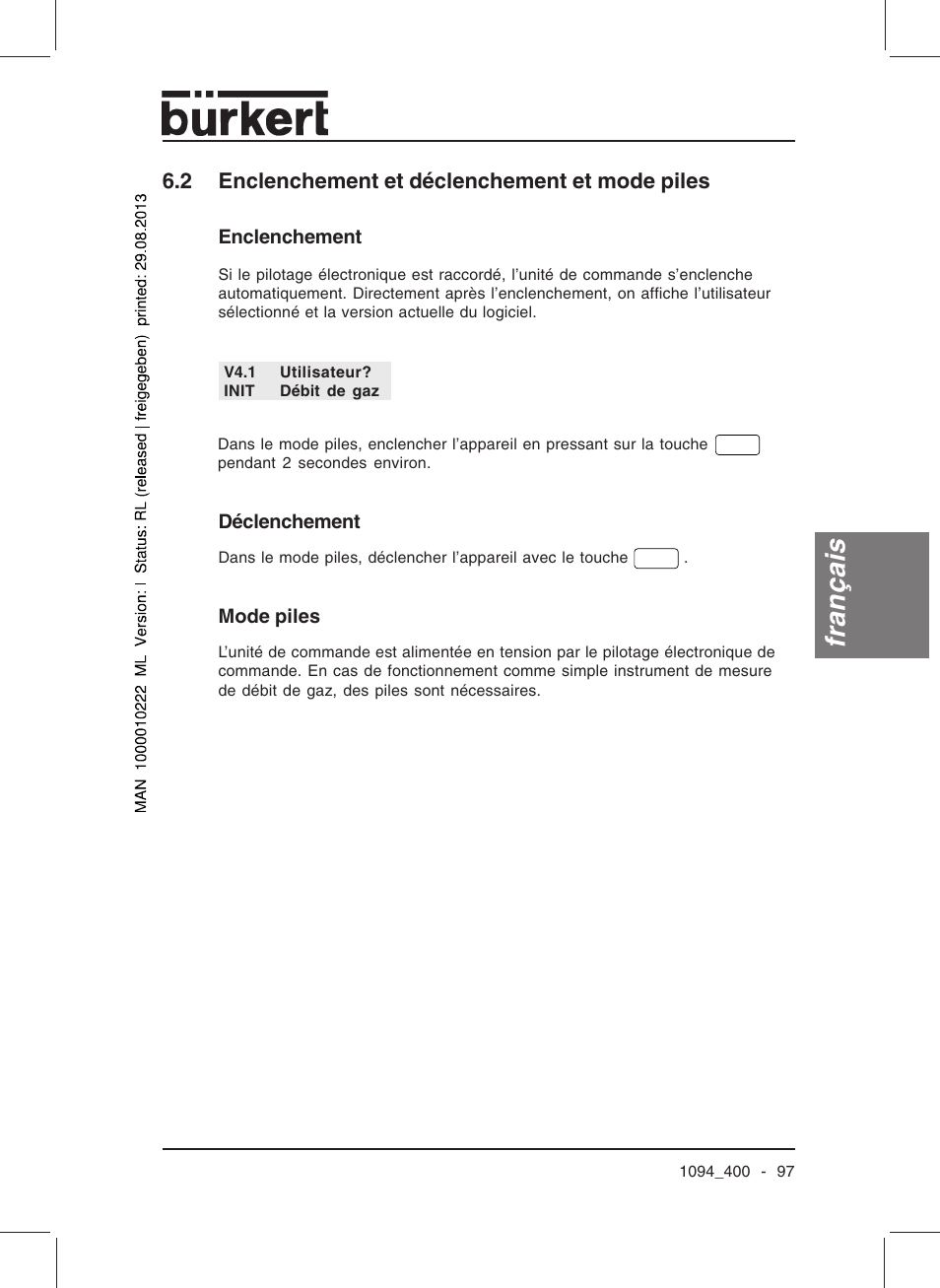 Français, 2 enclenchement et déclenchement et mode piles | Burkert Type 1094 User Manual | Page 99 / 126