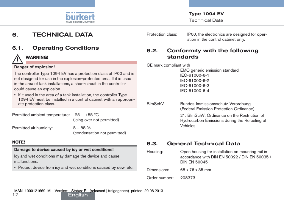 Technical data | Burkert Type 1094 User Manual | Page 12 / 82