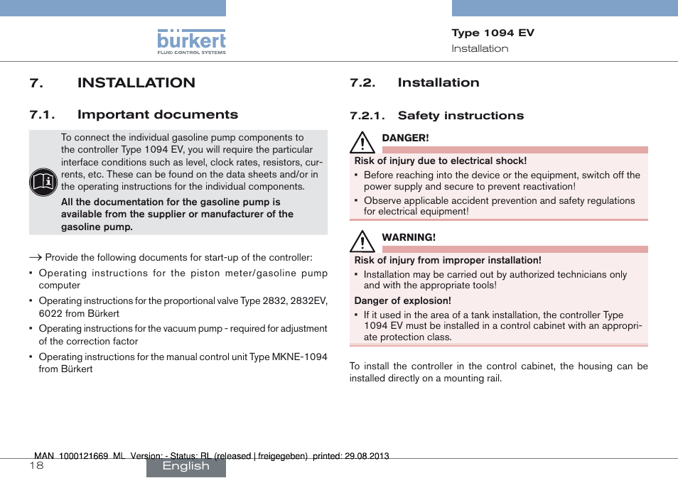 Installation, Important documents 7.2. installation, Installation 7 | Burkert Type 1094 User Manual | Page 18 / 82