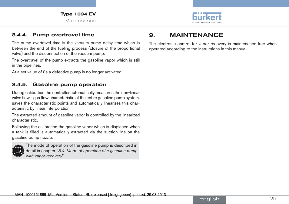 Maintenance, Maintenance 9 | Burkert Type 1094 User Manual | Page 25 / 82