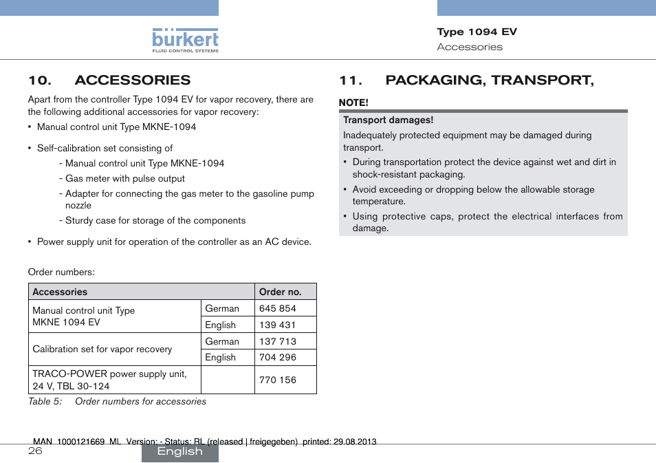 Accessories, Accessories 10, Packaging, transport, 11 | Burkert Type 1094 User Manual | Page 26 / 82