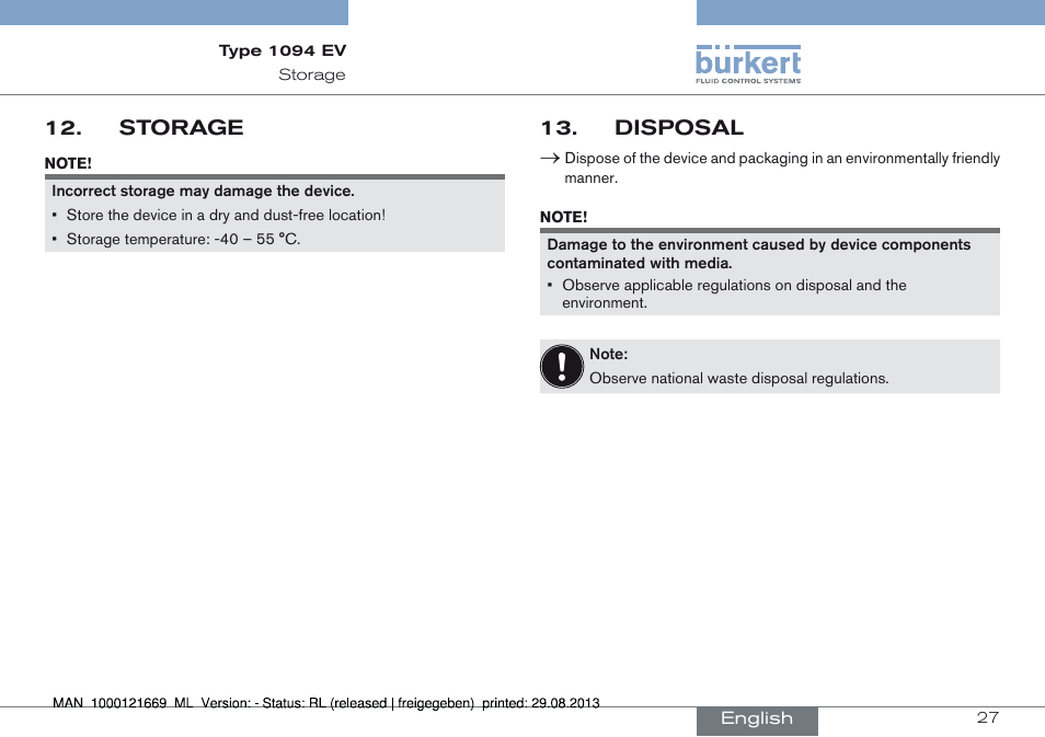 Storage 12, Disposal 13 | Burkert Type 1094 User Manual | Page 27 / 82