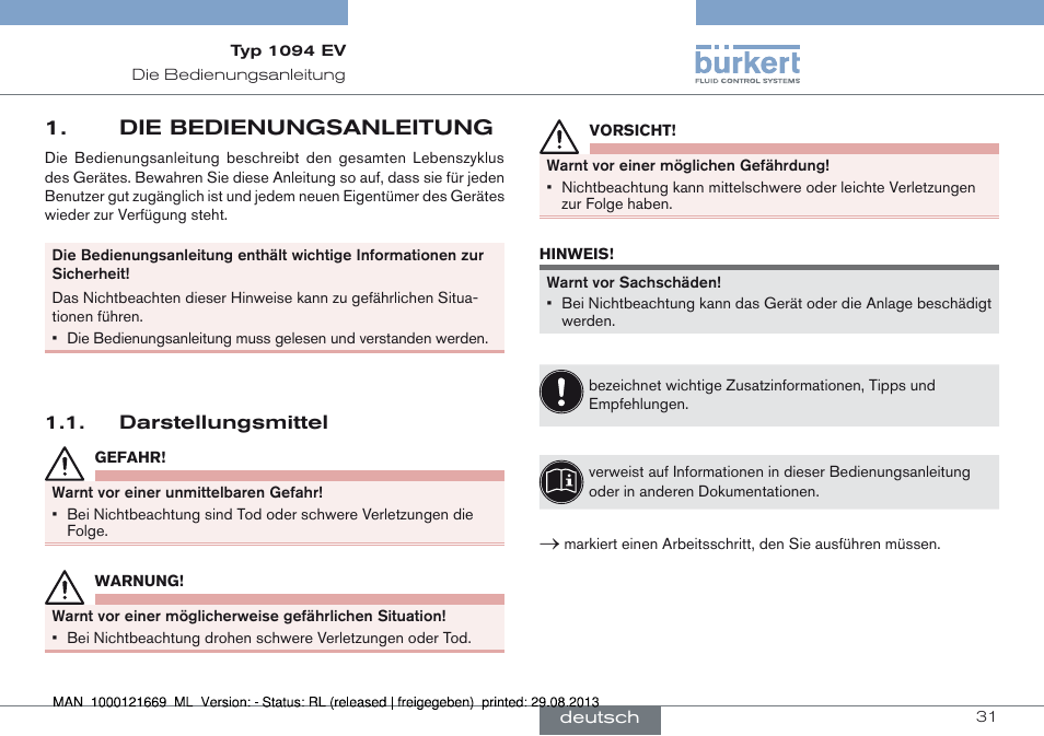 Die bedienungsanleitung, Darstellungsmittel, Die bedienungsanleitung 1 | Burkert Type 1094 User Manual | Page 31 / 82