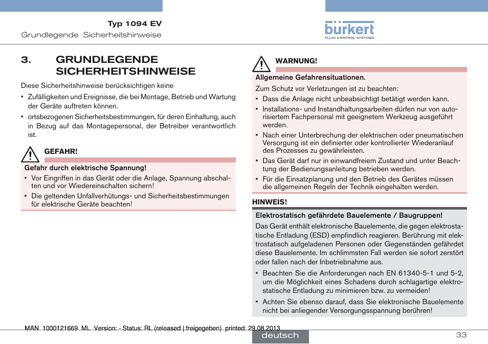 Grundlegende sicherheitshinweise, Grundlegende 3. sicherheitshinweise | Burkert Type 1094 User Manual | Page 33 / 82