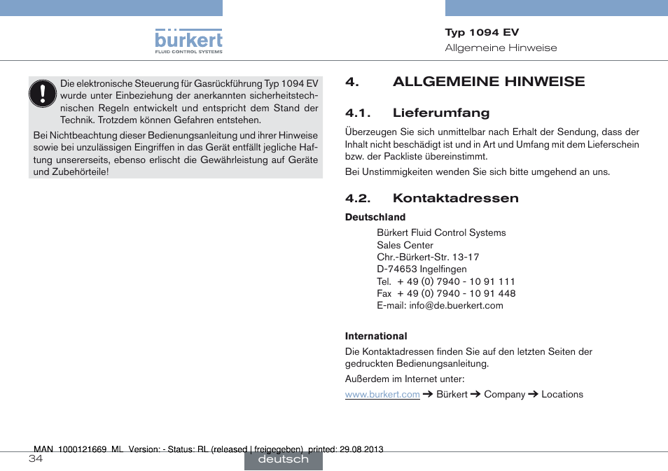 Allgemeine hinweise, Lieferumfang 4.2. kontaktadressen, Allgemeine hinweise 4 | Burkert Type 1094 User Manual | Page 34 / 82