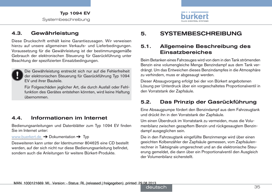 Gewährleistung 4.4. informationen im internet, Systembeschreibung | Burkert Type 1094 User Manual | Page 35 / 82