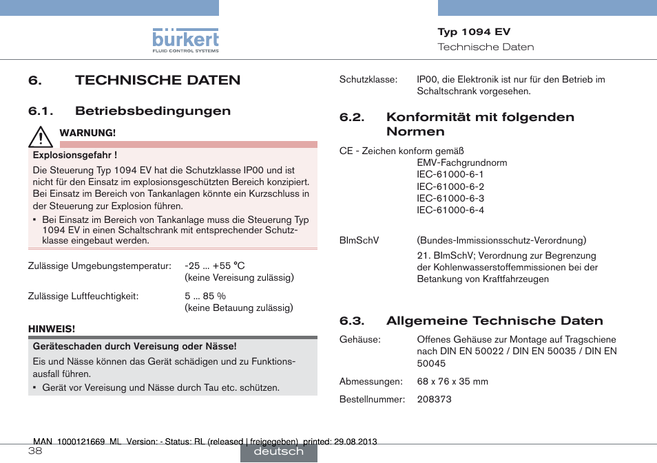 Technische daten | Burkert Type 1094 User Manual | Page 38 / 82