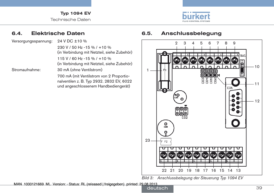 Elektrische daten 6.5. anschlussbelegung | Burkert Type 1094 User Manual | Page 39 / 82